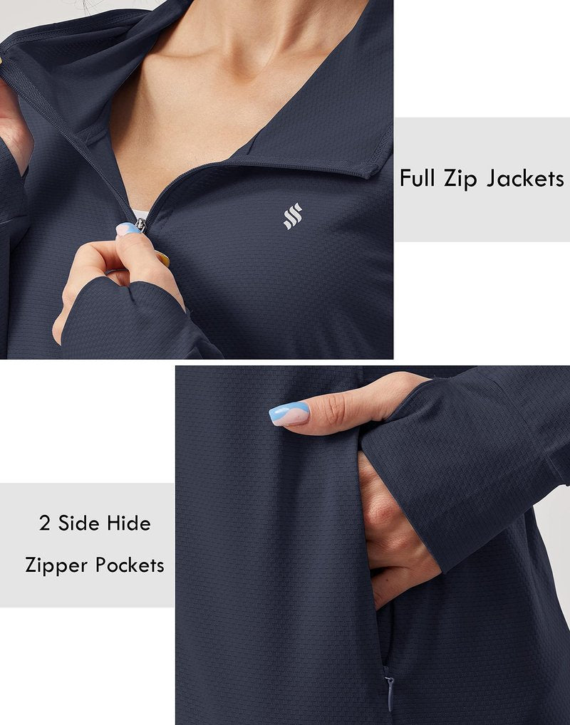 Soothfeel Women's UPF 50+ Sun Protection Hoodie Jacket Lightweight Long Sleeve Sun Shirt for Women with Pocket Hiking Outdoor Navy Blue 3XL