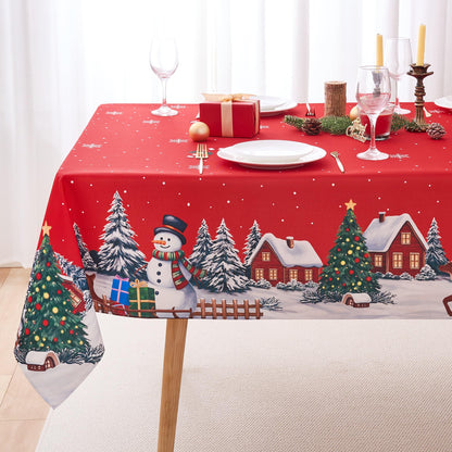 Christmas Tablecloths Rectanglar Winter Snowman Farmhouse Christmas Tree Table Cloth- 60 x 84 Oblong Polyester Red Xmas Table Cover Washable Waterproof for Holiday Decoration Party Kitchen Dining