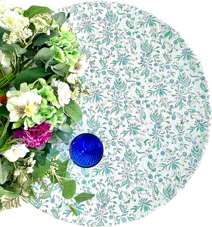 ATOSII Aster Blue 100% Cotton Round Tablecloth, Handblock Print Floral Table Cloth for Kitchen Dining Linen I Parties, Weddings, Outdoors, Easter, Spring Summer Decor I 60" Inches Round