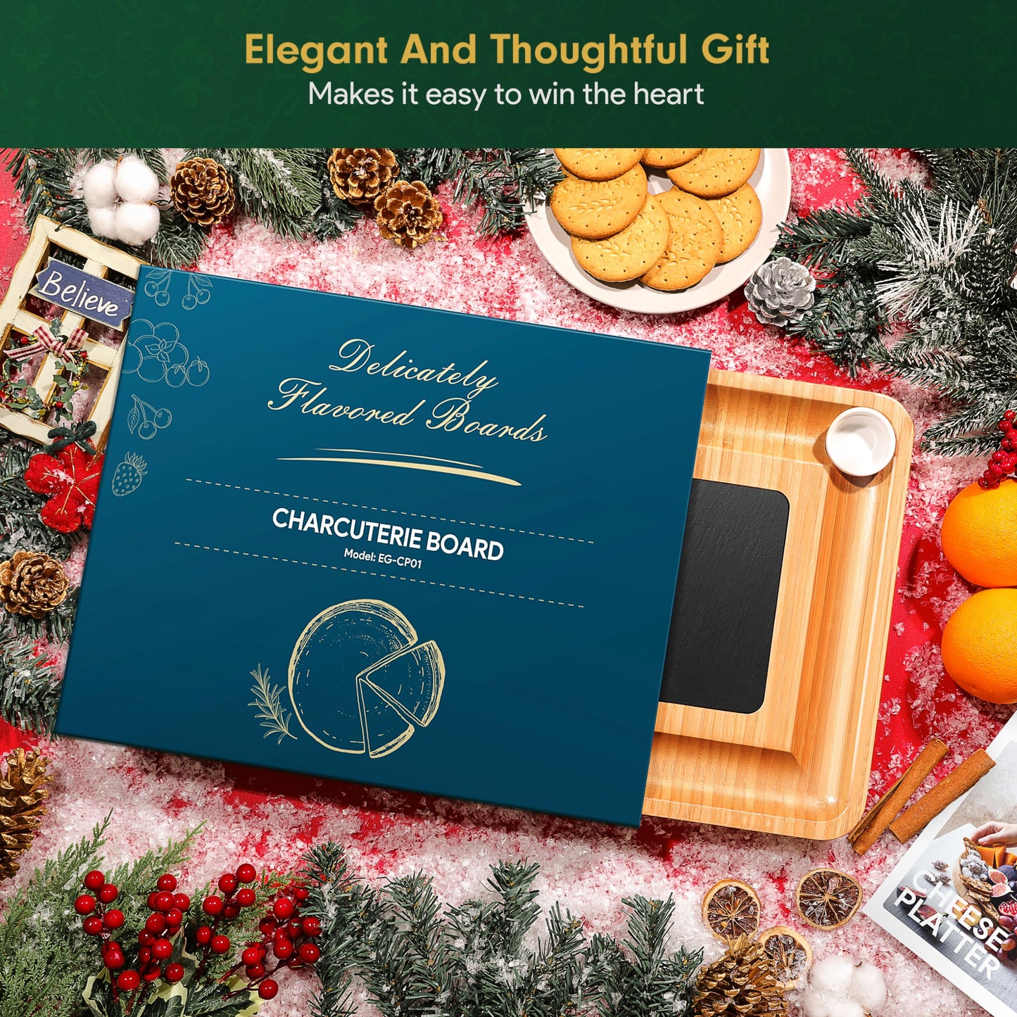 Easoger Large Bamboo Charcuterie Boards, Cheese Platter with 2 Drawers, Serving Knife, 2 Ceramic Bowl - Unique Housewarming, Wedding and Bridal Gift