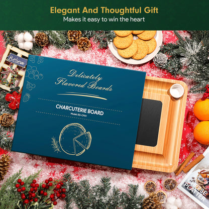 Easoger Large Bamboo Charcuterie Boards, Cheese Platter with 2 Drawers, Serving Knife, 2 Ceramic Bowl - Unique Housewarming, Wedding and Bridal Gift