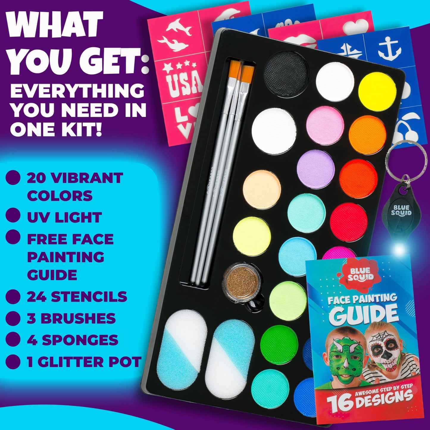 Blue Squid UV Neon Face and Body Paint Glow in the Dark Face Paint Kit 20 Colors Black Light with Stencils, Book - Safe for Sensitive Skin, Non-Toxic UV Painting Professional Accessories Kids Adults