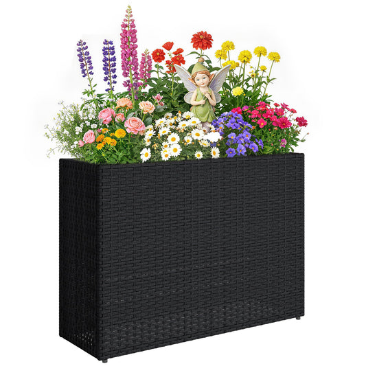 Outsunny Tall Rectangular Planter with Removable Liner, PE Wicker Large Planters for Outdoor Plants, Freestanding Indoor Outdoor Planter Box with Drainage Holes for Flowers, Vegetables, Black