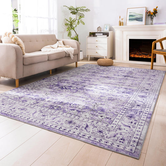 Carvapet 6x9 Area Rug - Large Dark Blue Vintage Floral Rectangular Carpet Low Pile, Non Slip Rubber Backing Machine Washable Mat for Living Room Bedroom