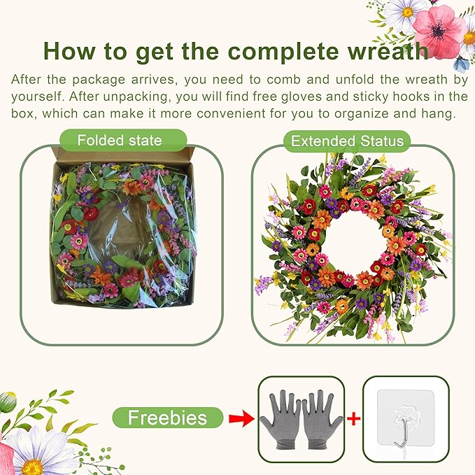 Artificial Spring Wreath 22 Inch Summer Wreaths for Front Door with Green Eucalyptus Leaves Pink Daisy Lavender Spring Door Wreath for Farmhouse Wall Wedding Home Porch Easter