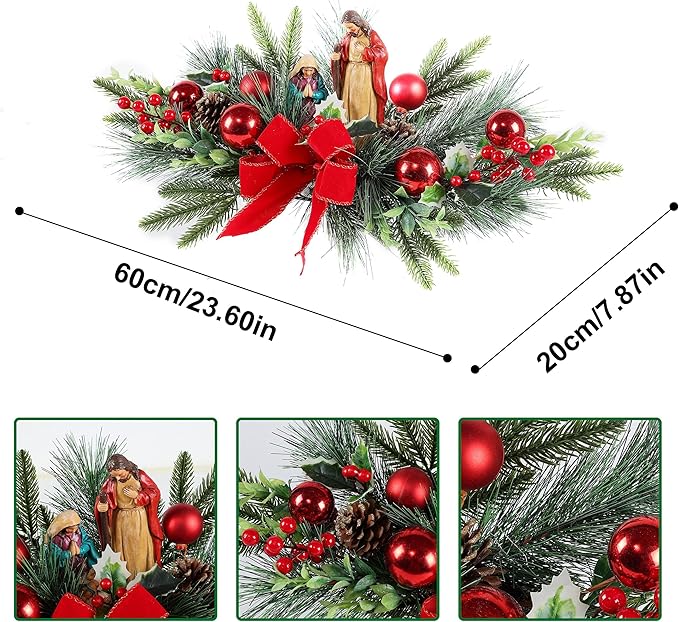 MOONET Christmas Table Centerpiece with LED Lights, Red Plastic Jesus Pine Needle Ornament, Red Berry, Christmas Balls for Holiday Party, Home, Fireplace