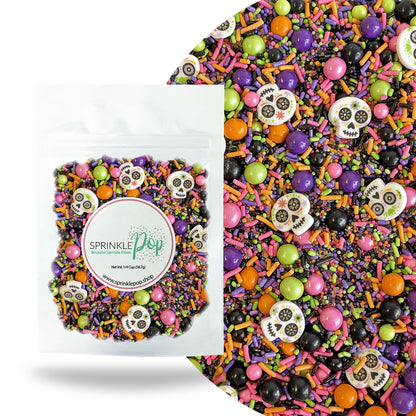 Sprinkle Pop Dia De Los Muertos Sprinkle Mix| Black Pink Purple Lime Orange Sprinkles| Halloween Sprinkles with ~6 Day of the Dead Sugar Skulls Made in USA for Decorating Cake Cookies Cupcakes, 2oz