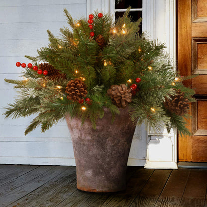 National Tree Company 18 in Pre-Lit Colonial Fir Artificial Christmas Urn Filler, Christmas Decoration with Pinecones, Red Berries, 35 Clear LED Lights, 167 Tips, Timer, Tripod Stake, Green