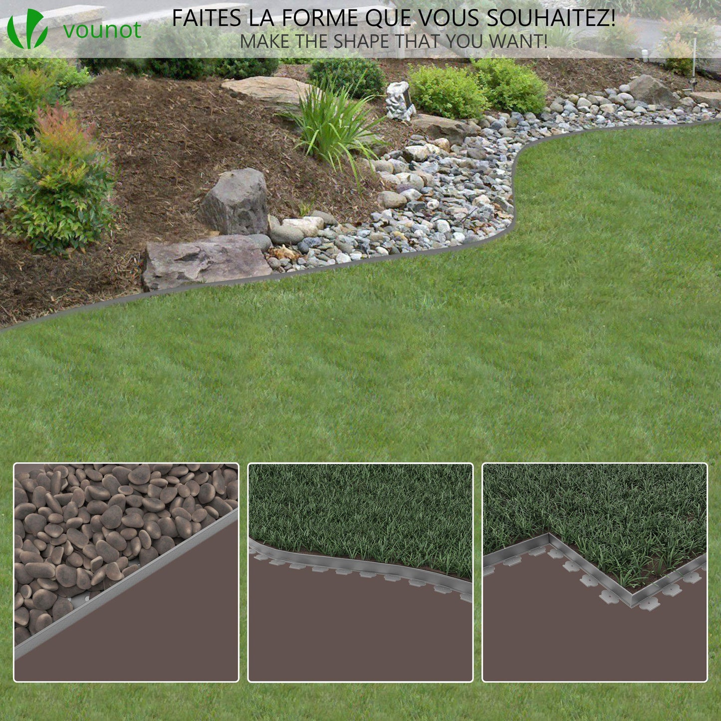 VOUNOT 10m Flexible Lawn Edging, Plastic Garden Edging Border with 30 Strong Securing Pegs, Height 5cm, Grey