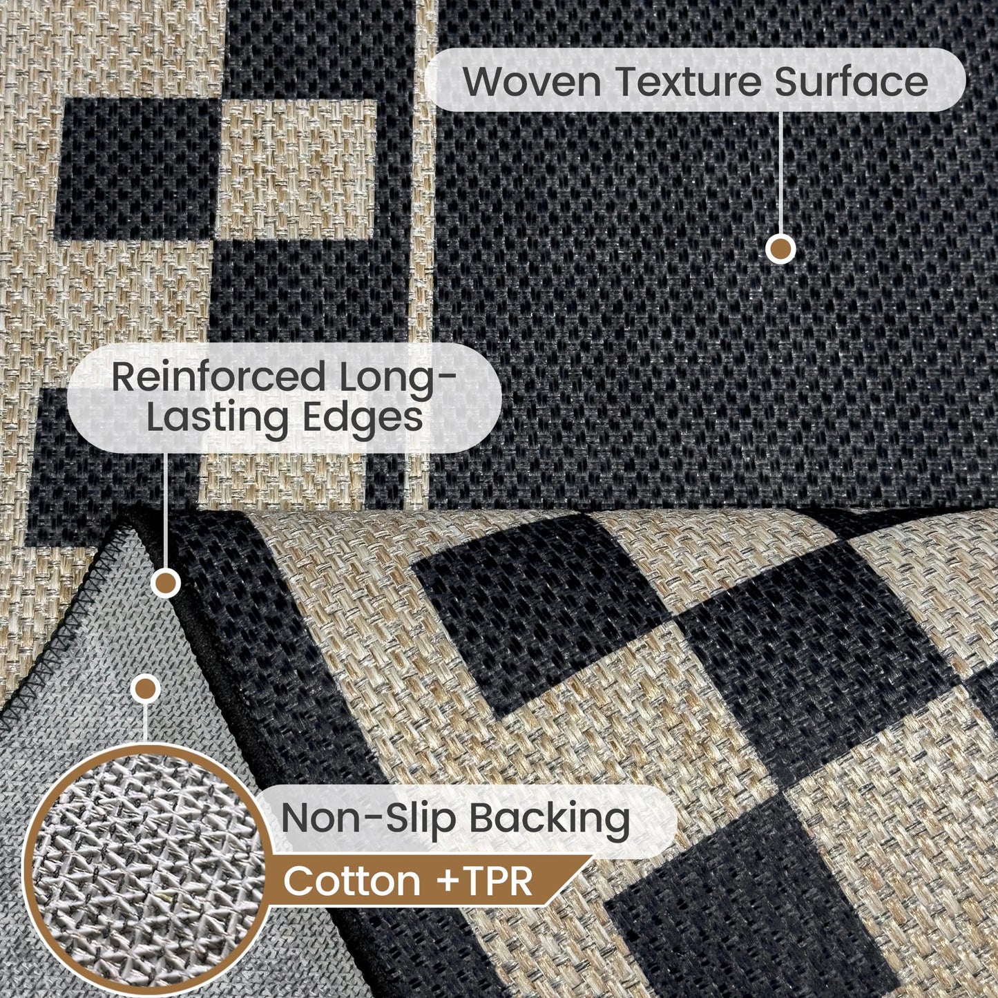 JROSING Washable Checkered Easy Jute Rug 5x7, Black Checkerboard Geometric Modern Outdoor Indoor Patio Large Bordered Rug, Woven Thin Carpet for Living Dining Play Room Bedroom Classroom Kids Nursery