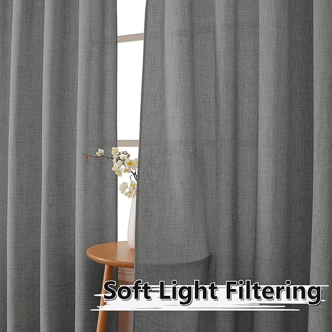 Tollpiz Linen Curtain Bedroom Rod Pocket Semi Sheer Curtains Burlap Light Filtering Thick Linen Drape for Living Room, 38 x 84 inches Long, Dark Grey, Set of 2 Panels