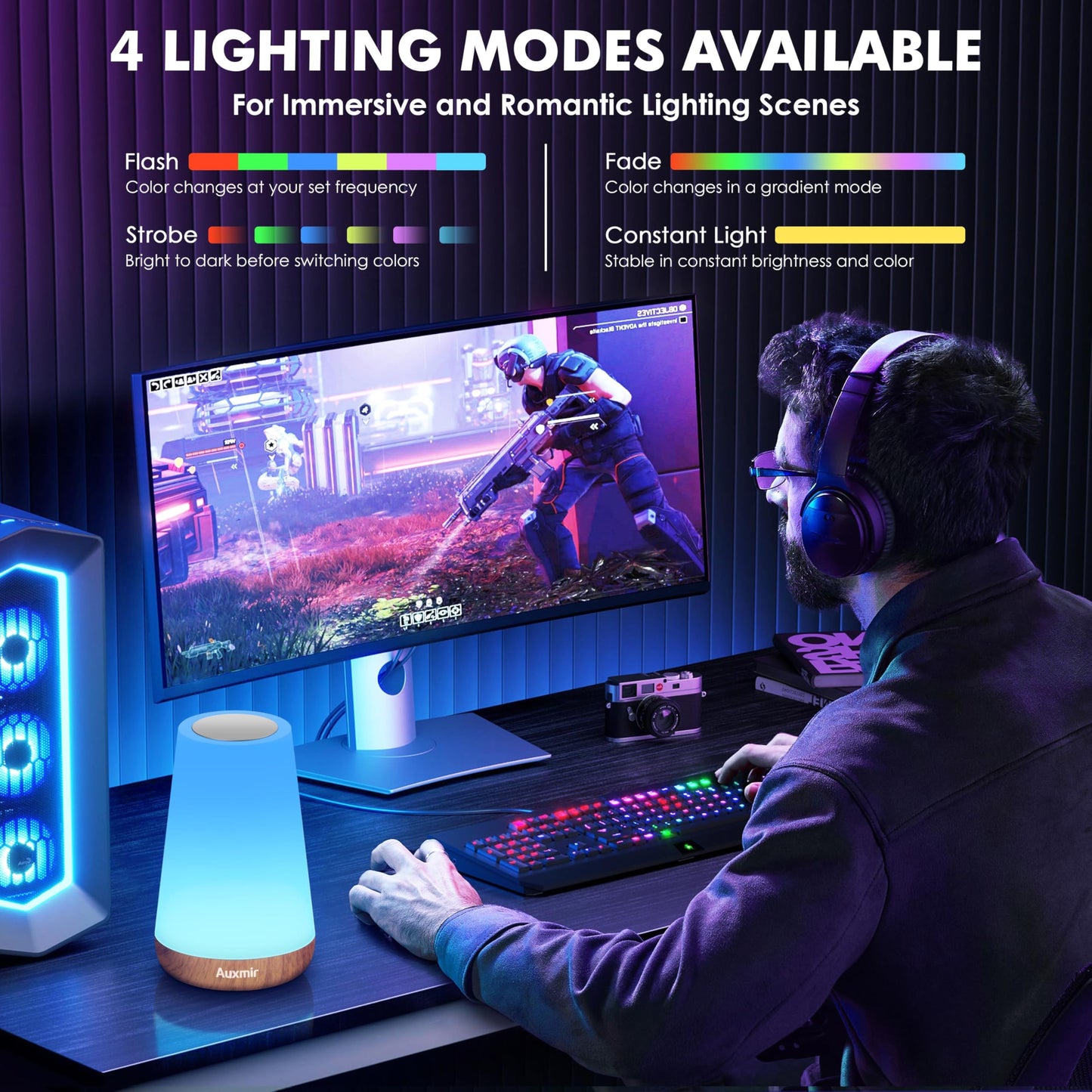 Auxmir Night Light, LED Touch Bedside Table Lamp, Remote Control Dimmable Light with RGB Color Changing, USB Rechargeable, Portable Lamp for Children, Kids, Bedroom, Living Room, Camping