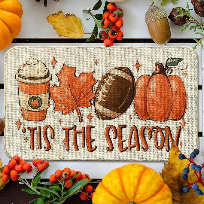 Fall Football Pumpkin Front Door Mat Indoor Outdoor Entrance, Tis The Season Autumn Maple Leaves Washable Non-Slip Rubber Doormat, Inside Outside Entrance Sports Game Day Welcome Floor Mat, 17x29