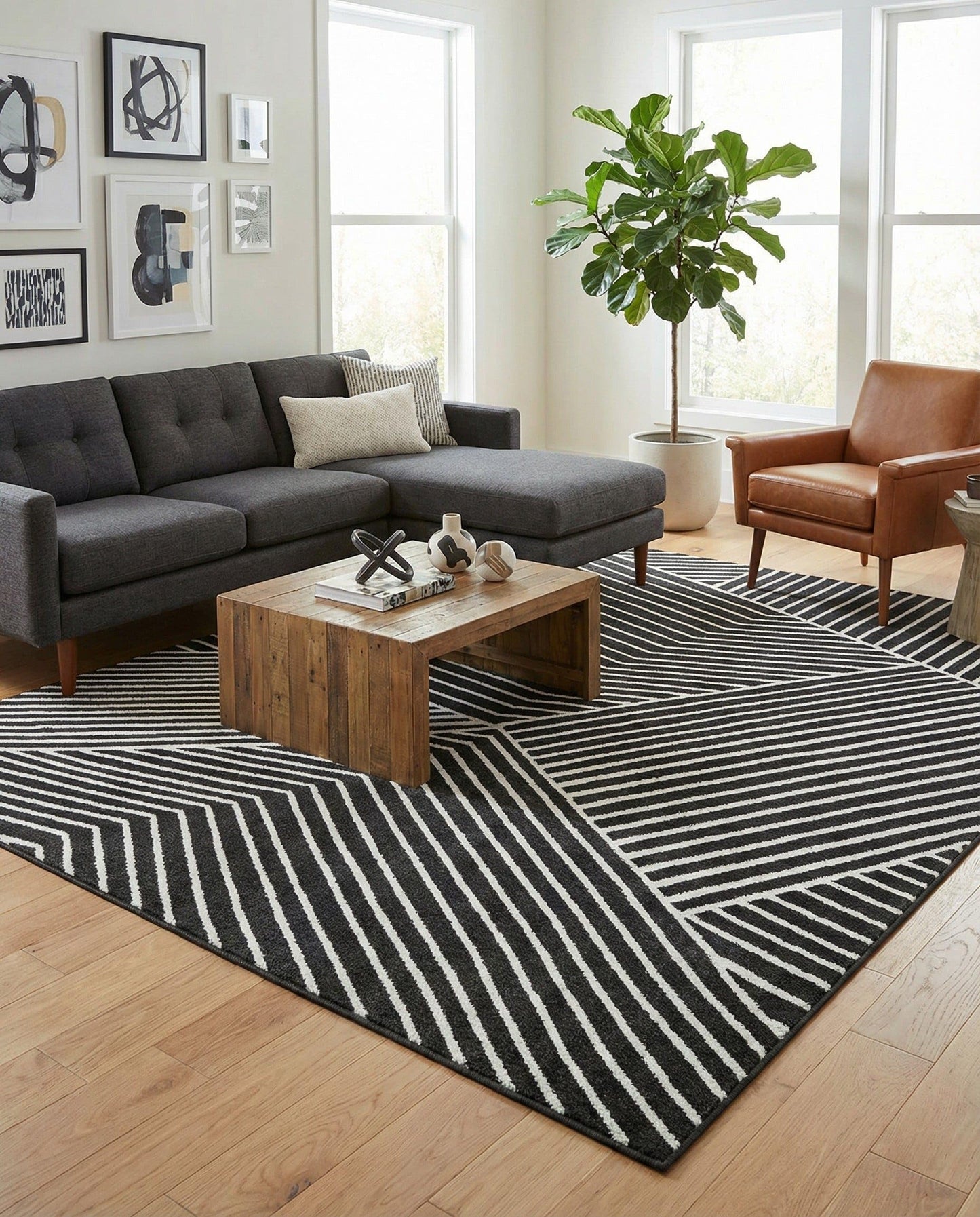 Rugs.com - Oslo Rug – 8 Ft Square Black Easy-Clean Area Rug – Bold Geometric Stripes, Perfect for Living Rooms, Bedrooms, and Home Offices