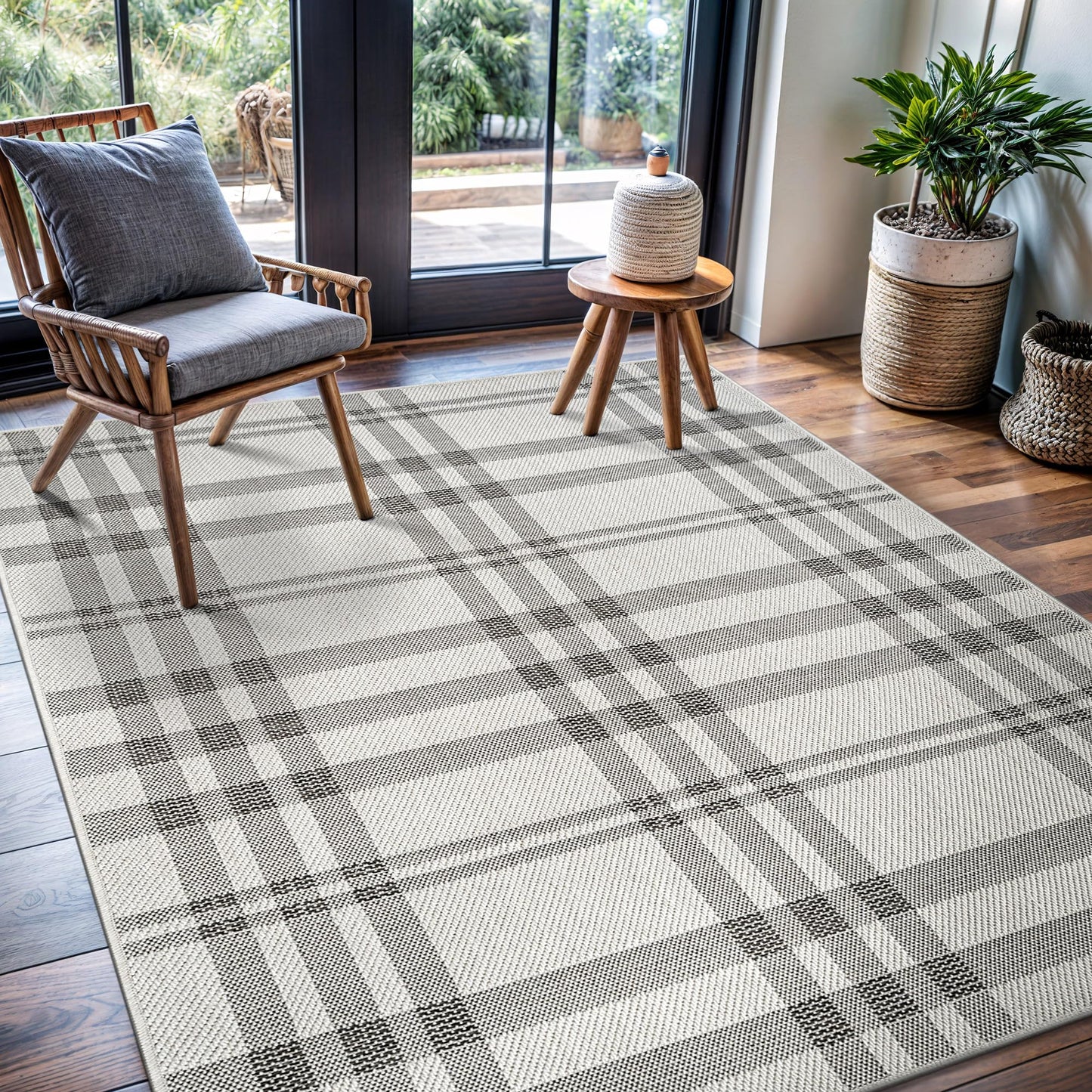 CAMILSON Easy Jute Rug 6x9, Indoor Outdoor Off-White Color Fiber Area Rugs for Entry, Living Room and Farmhouse Rug, Checkred Boho Woven Design, Easy-Cleaning, Washable Outside Carpet (6 x 9)
