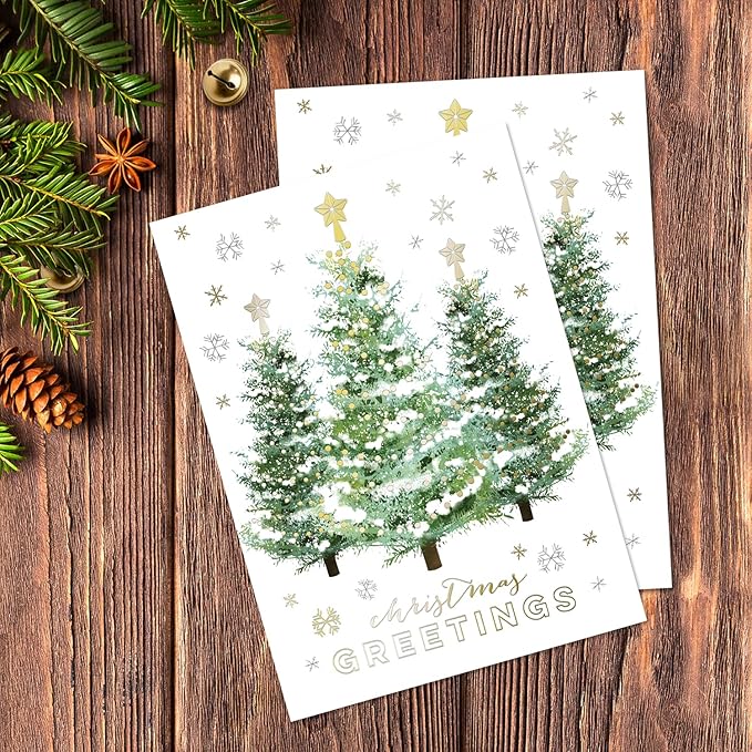 Masterpiece Gold Trimmed Trees Christmas Cards / 16 Boxed Seasons Greetings Holiday Cards Set With Coordinating Gold Foil Lined Envelopes / 5 5/8" x 7 7/8" Folded Winter Greeting Cards With Inside