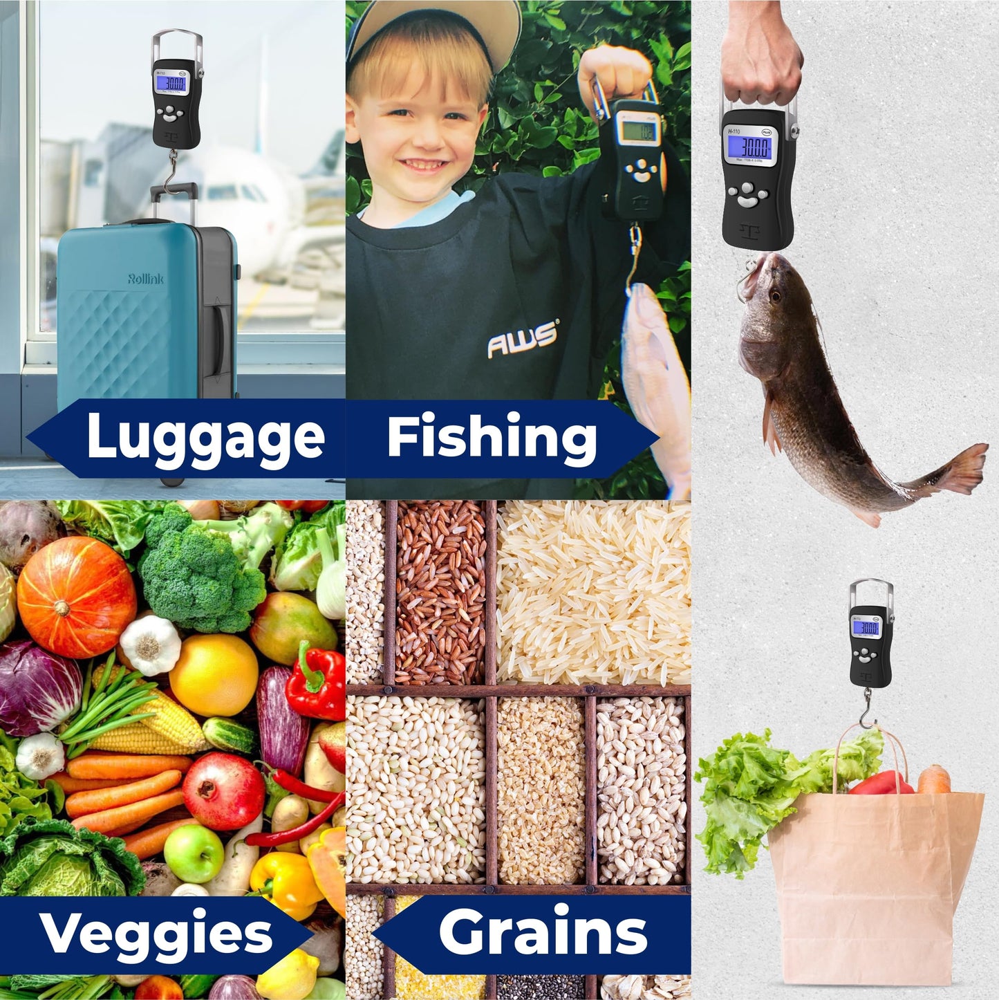 AWS Digital Luggage Scale, Fish Weighing Scale, Hanging Scale 110lb/50kg – Die-Cast Metal Construction, Built-in Tape Measure, Hook & Handle – for Travel, Fishing, Archery, Hunting, Outdoor (Black)