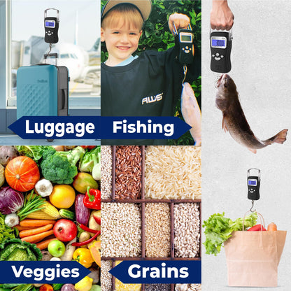 AWS Digital Luggage Scale, Fish Weighing Scale, Hanging Scale 110lb/50kg – Die-Cast Metal Construction, Built-in Tape Measure, Hook & Handle – for Travel, Fishing, Archery, Hunting, Outdoor (Black)