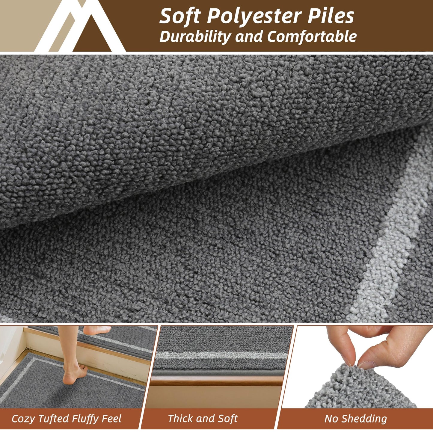 COSY HOMEER Stair Landing Rug 30x30 Inch, Non-Slip Square Landing Mat for Wood Steps Indoor, Washable Polyester with TPE Backing, Grey