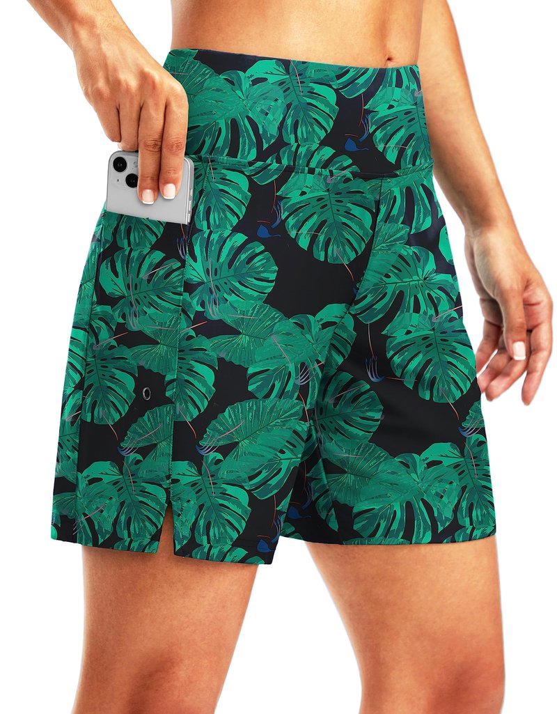 Women's 7" Long Swim Board Shorts High Waisted Quick Dry Beach Swimming Shorts for Women with Liner Pockets(Leaf,XL)