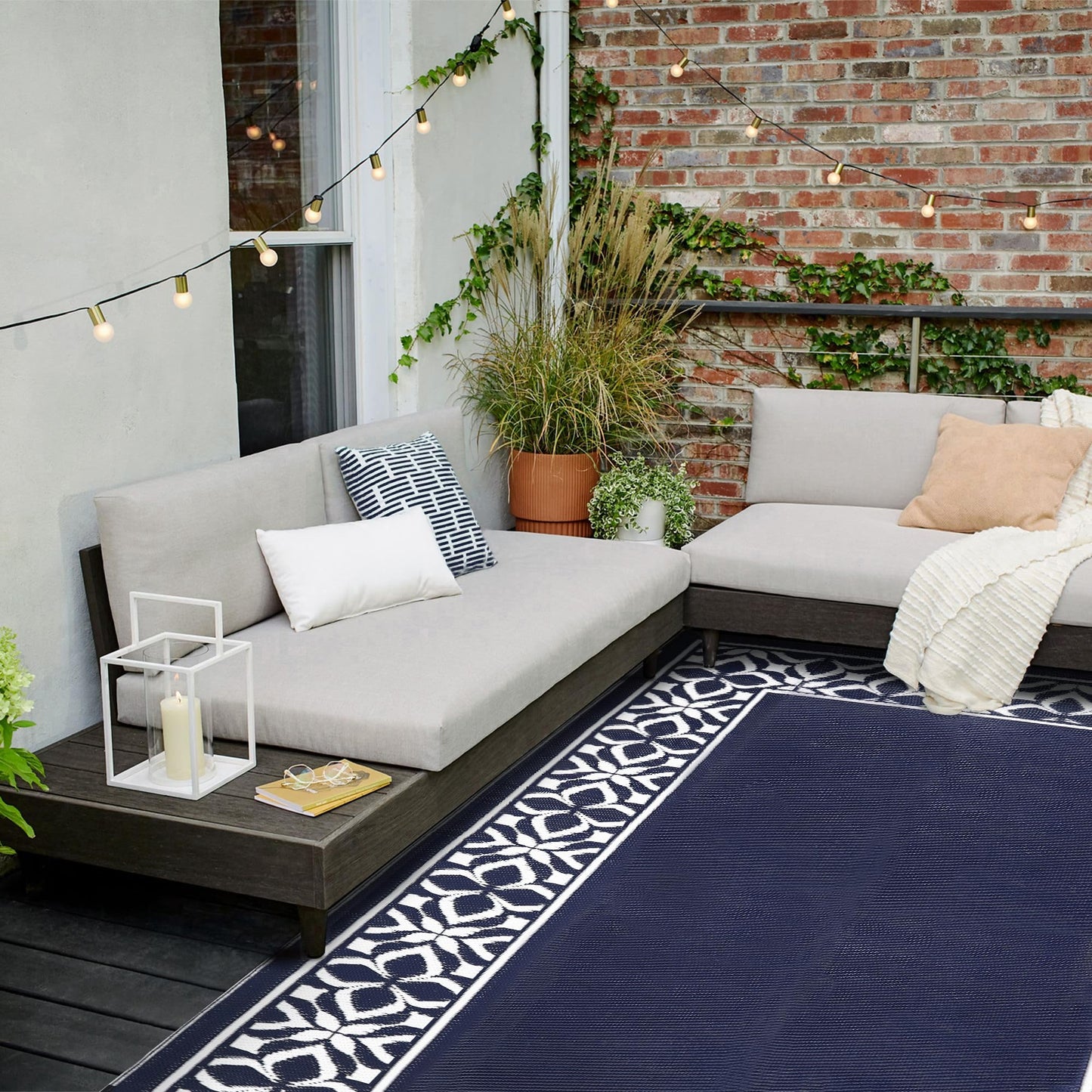 PureCozy Outdoor Plastic Straw Rug Navy Blue Large Outside Waterproof Outdoor Patio 8x10 Carpet Geometric Reversible Mat Modern for Camping RV Porch Deck Balcony Beach