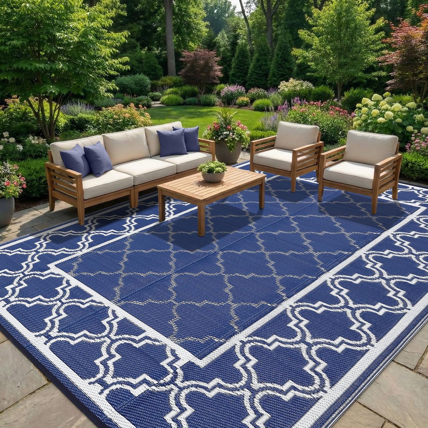 Garvee Reversible Outdoor Rug 5x8, Waterproof Outdoor Plastic Straw Rug with Interlacing Pattern, RV Mat for Picnics, Patio, Camping, Balcony, Deck, Backyard, Porch, Blue