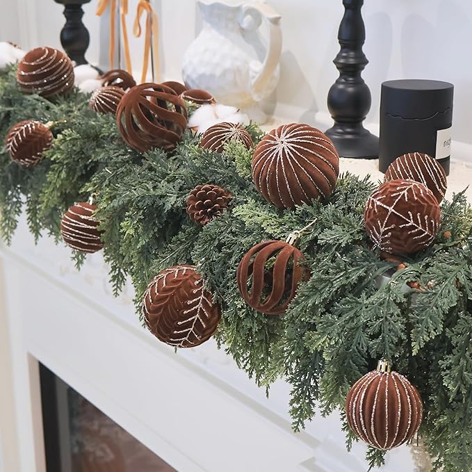 4inch Velvet Ornaments for Christmas Tree, 9PCS Glitter Flocked Christmas Ornaments Decorations Balls Set Decor Brown
