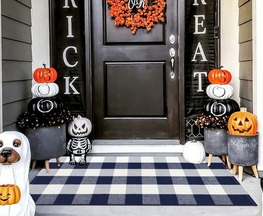 Front Porch Rug 2'X4.3' Blue and White Checkered Outdoor Rug Cotton Woven Washable Halloween Layering Door Mat for Welcome Mat Entryway Bedroom Living Room