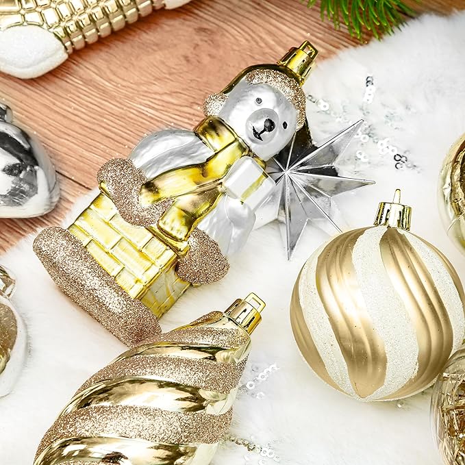Alupssuc 112pcs Christmas Balls Ornaments Set, Shatterproof Plastic Baubles Christmas Penguin, Polar Bear for Xmas Tree Holiday Wedding Party Decorations with Hanging Strings, Gold, Silver and White