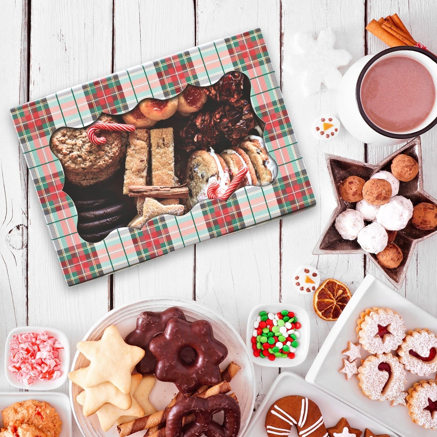 Christmas Cookie Boxes - 12 Pack - White & Red Tartan Plaid Bakery Gift Box with Window - Perfect for Pastries, Cupcakes, Macarons, Candy, & Treats - LG Size Easily Fits a Dozen Cookies - 12 pcs