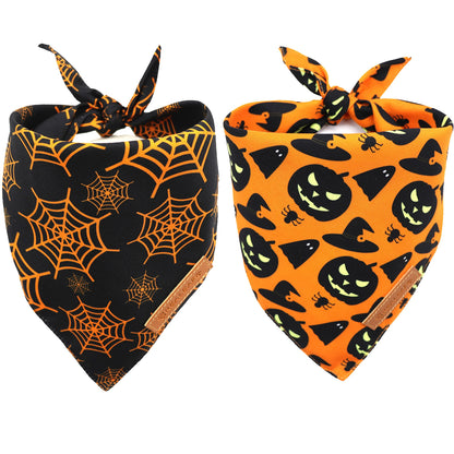 Realeaf Halloween Dog Bandanas 2 Pack, Pumpkin and Spider Web Bibs, Triangle Reversible Fall Pet Scarf, Premium Durable Fabric, Adjustable Fit (Small)