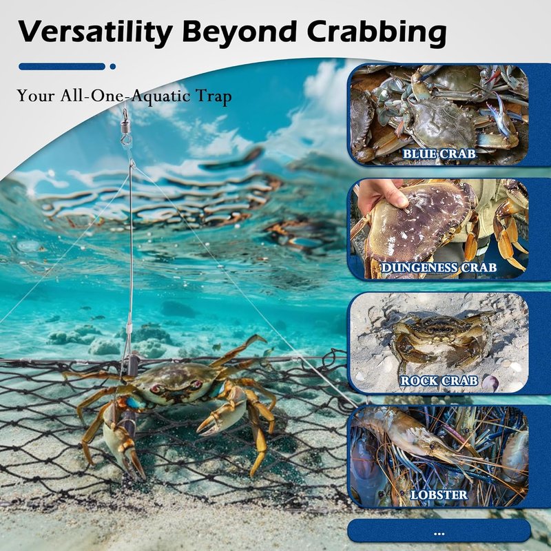 Crab Trap - Castable Crabbing Net with Bait Clip | Foldable Snare for Dungeness, Blue Crabs & Lobster