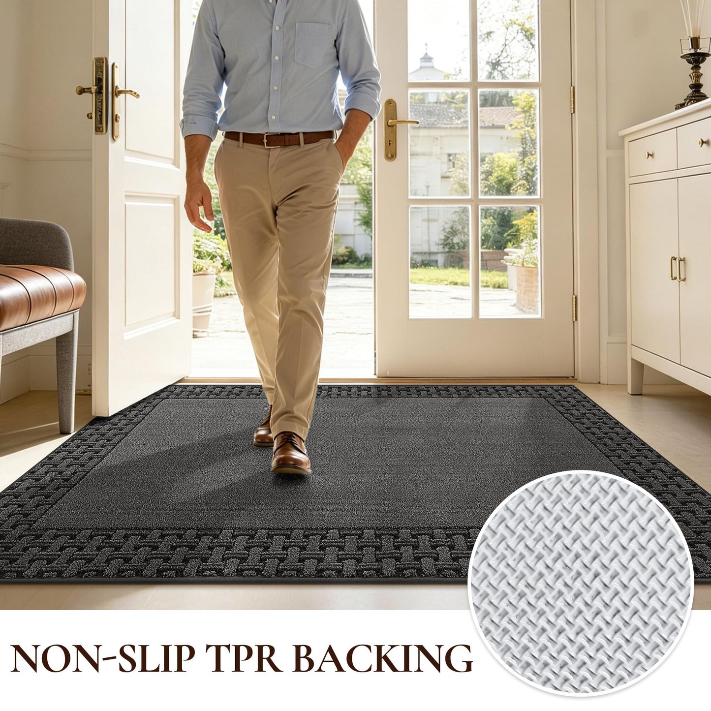 FLOORHUG Door Mat 20 x 32 in, Non Slip Washable Entryway Rugs with TPR Backing, Absorbent Dirt Trapping Low Profile Front Door Mat for Shoes and Dog Paws, Dark Grey