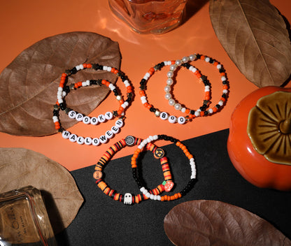 ecozran Halloween Stacked Heishi Bead Bracelet Set 6Pcs Stretch Elastic Pearl Colorful Letter Spooky Boo Halloween Holiday Party Gift for Women(Hallo-wmas-2)