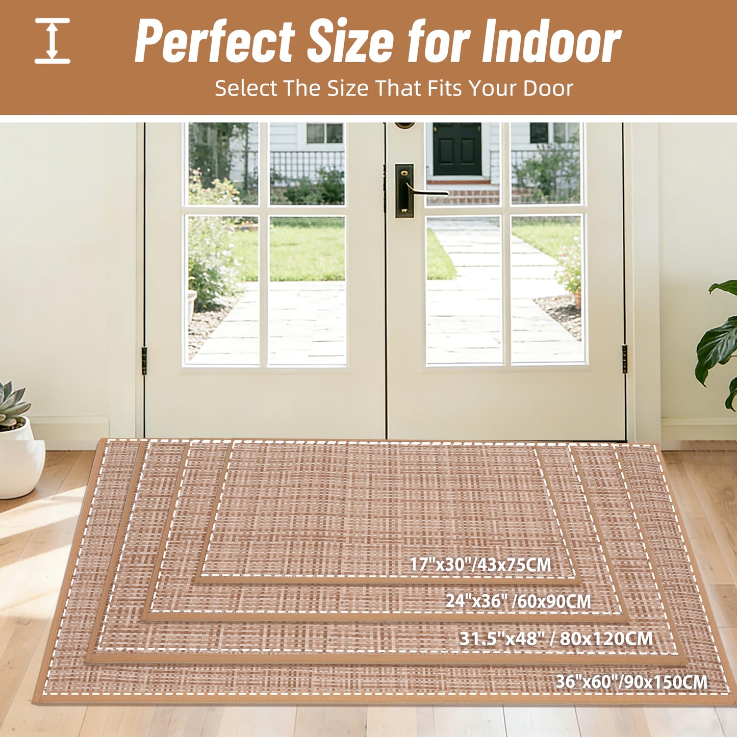 Indoor Front Door Mat Entry Mat 24"x36", Braided Low-Profile Welcome Door Mat Indoor Entrance, Non Slip Rubber Backing Thin Inside Entryway Doormat Washable Dirt Resistant & Absorbent, Khaki 2x3 ft