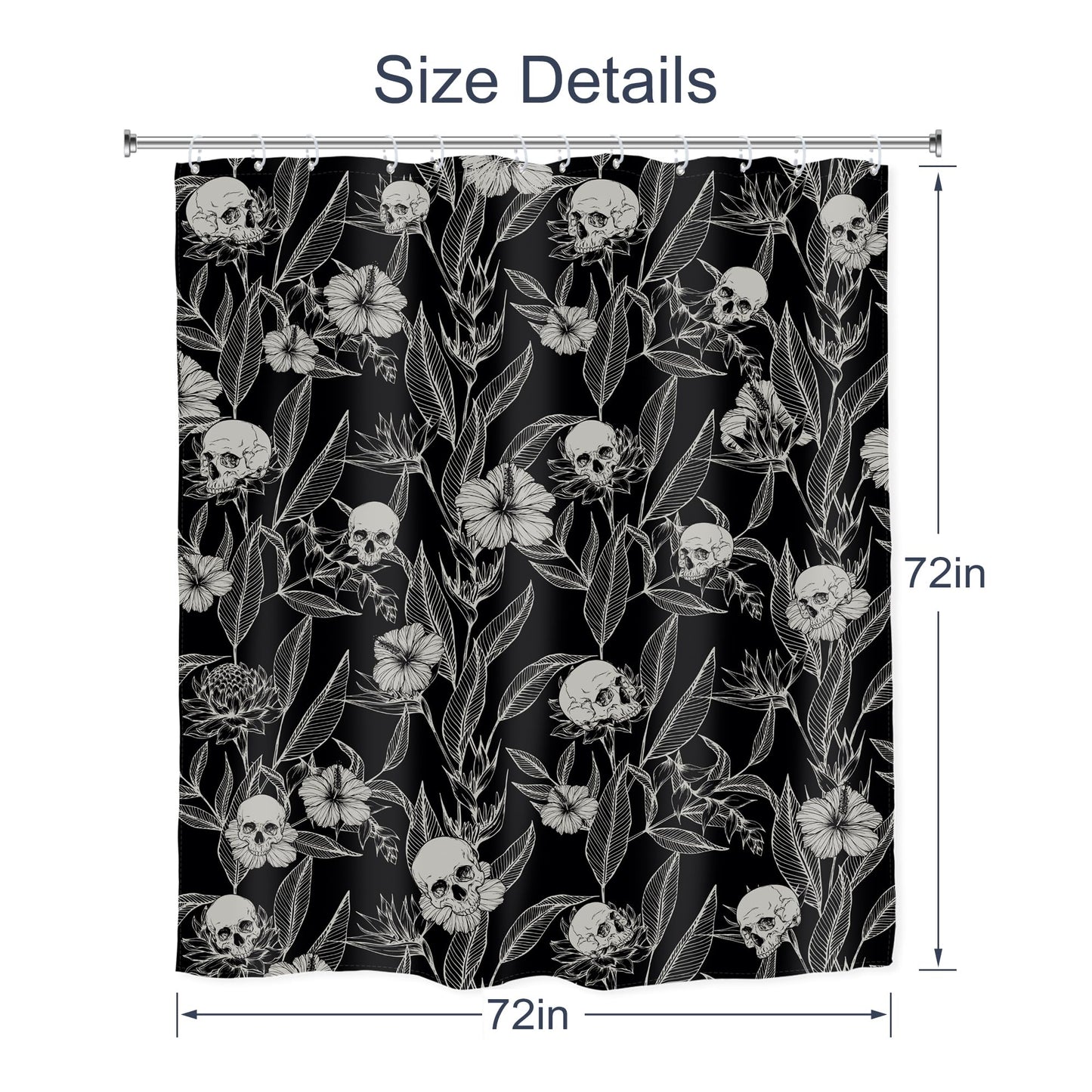 AMBZEK Black Skull Floral Shower Curtain 72Wx72L Inch Men Gothic Spooky Skeleton Goth Flower Leaves Halloween Cool Artwork Cloth Fabric Waterproof Polyester Bathroom Decor Set with 12 Pack Hooks