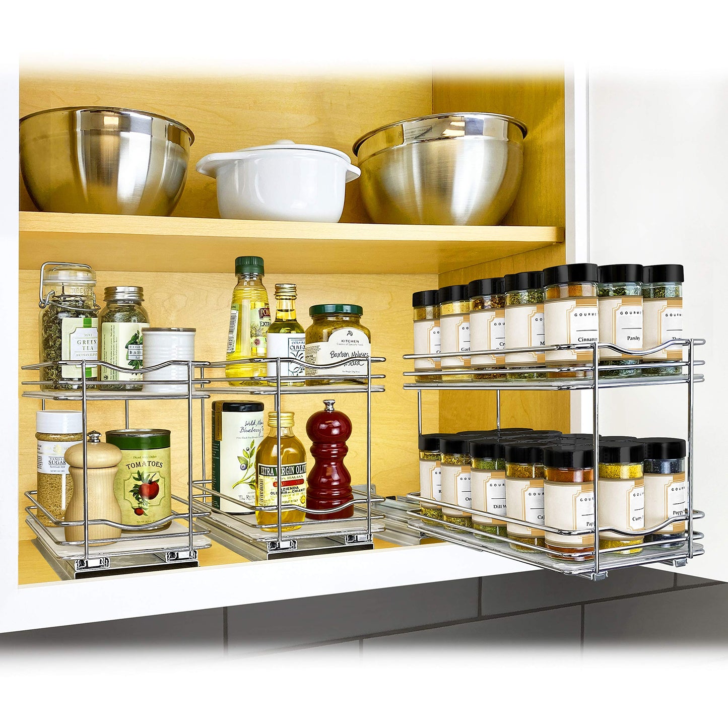 LYNK PROFESSIONAL® Pull Out Spice Rack Organizer for Inside Kitchen Cabinets - 4-1/4 inch Wide - Slide Out Drawer – Chrome Sliding Spice Cabinet Organization Shelf Racks - 2 Tier