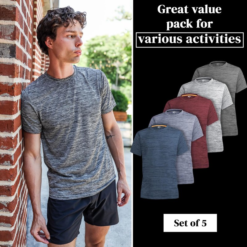 [5 Pack] Men’s Workout Short Sleeve Dry Fit T Shirts Quick Dry Active Athletic Crewneck Running Gym Moisture Wicking Tee Tops