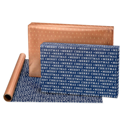 American Greetings Foil Christmas Wrapping Paper Rolls, Metallic Rose Gold and Navy Blue Holiday Gift Wrap (80 sq. ft., 4 Rolls-30 in. x 8 ft., Reversible) Snowflakes, Reindeer, Merry Christmas