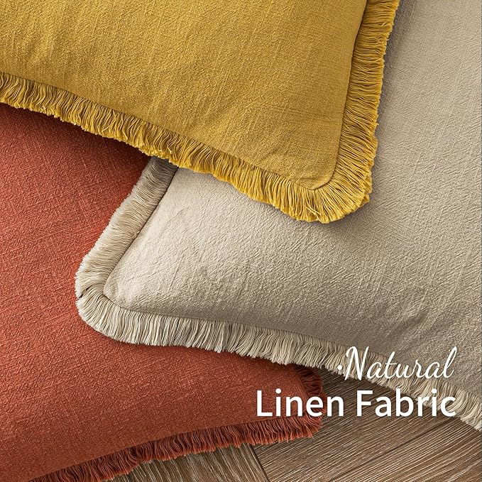 MIULEE Decorative Lumbar Throw Pillow Covers Neutral Linen Fringe Throw Pillows Set of 2 Mustard Yellow Boho Farmhouse Cushion Covers for Couch Sofa Bed Living Room Spring Home Decor 12x20 Inch