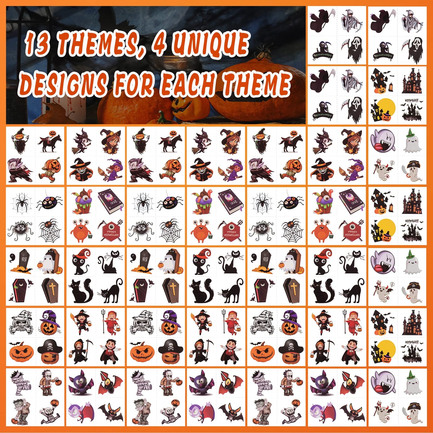 156 PCS Halloween Temporary Tattoos for Kids in 52 Unique Designs - 2 Inch Bulk Halloween Assorted Waterproof Fake Pumpkin Temp Tattoo Sticker for Boys Girls Goody Bag Stuffers Prizes Party Favors