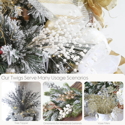 Sea Team 24-Pack Artificial Glitter Berry Stem Ornaments, Decorative Bead Sticks, Glittery Twigs, Picks, Branches for Christmas Tree, Small Vase, Holiday, Wedding, Party (17 Inches, White)