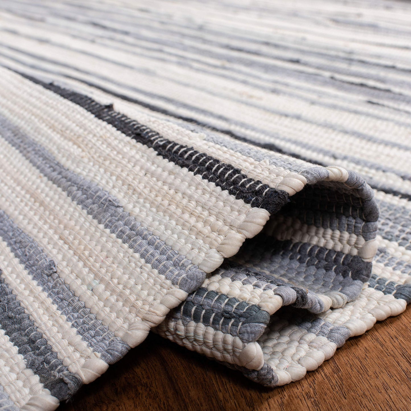 SAFAVIEH Rag Rug Collection Runner Rug - 2'3" x 12', Ivory & Grey, Handmade Boho Stripe Cotton, Ideal for High Traffic Areas in Living Room, Bedroom (RAR126A)
