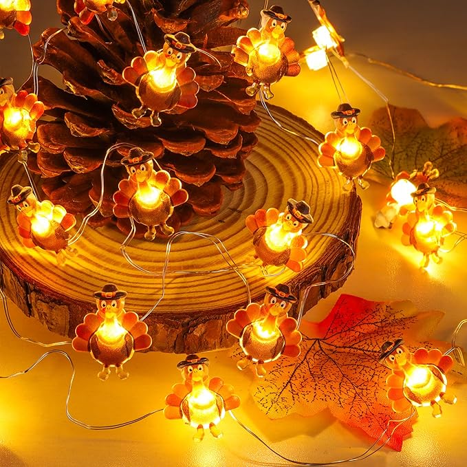 10 Ft 30 LED Thanksgiving Decorations Turkey String Lights, Thanksgiving Lights Decorations Battery Operated Turkey Lights Copper Wire Fairy String Lights for Party Home Indoor Decor