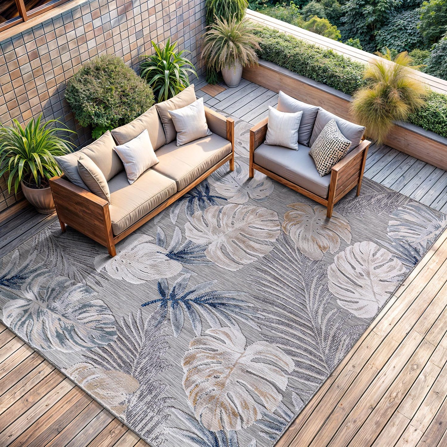 CAMILSON Indoor Outdoor Rug, Blue 5x7 Leaf Tropical Botanical Area Rugs for Indoor and Outdoor patios, Easy-Cleaning Non-Shedding Living Room, Garden and Kitchen Washable Outside Carpet (5 x 7)