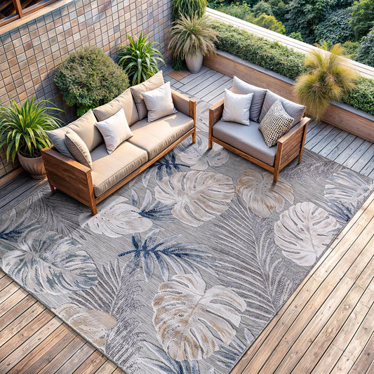 CAMILSON Indoor Outdoor Rug, Blue 5x7 Leaf Tropical Botanical Area Rugs for Indoor and Outdoor patios, Easy-Cleaning Non-Shedding Living Room, Garden and Kitchen Washable Outside Carpet (5 x 7)