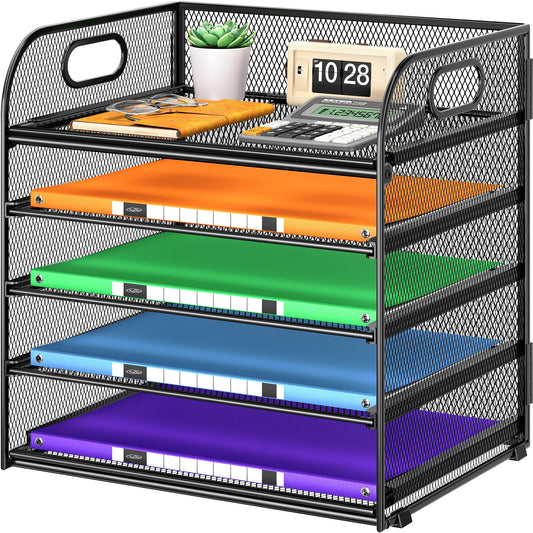 Cawukege 5 Tier Paper Organizer with Handle, Metal Mesh Desk Organizer File Folder Paper Letter Tray Desktop Document Sorter for Classroom, School, Office Accessories Organization and Storage - Black