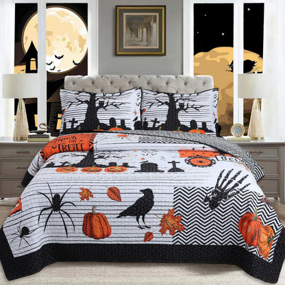 MarCielo 3 Pcs Halloween Quilt Bedspread Set Crows Pumpkins & Ghosts Spooky Comforter Set (Halloween Black, King)
