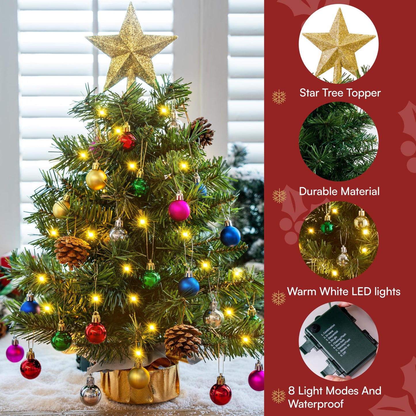 Joiedomi 24"/2FT Tabletop Mini Christmas Tree Pre lit with Warm Lights, Holly Berries, Pine Cones and Ornaments for Indoor Artificial Mini Xmas Tree Holiday Season Decorations (Gold)