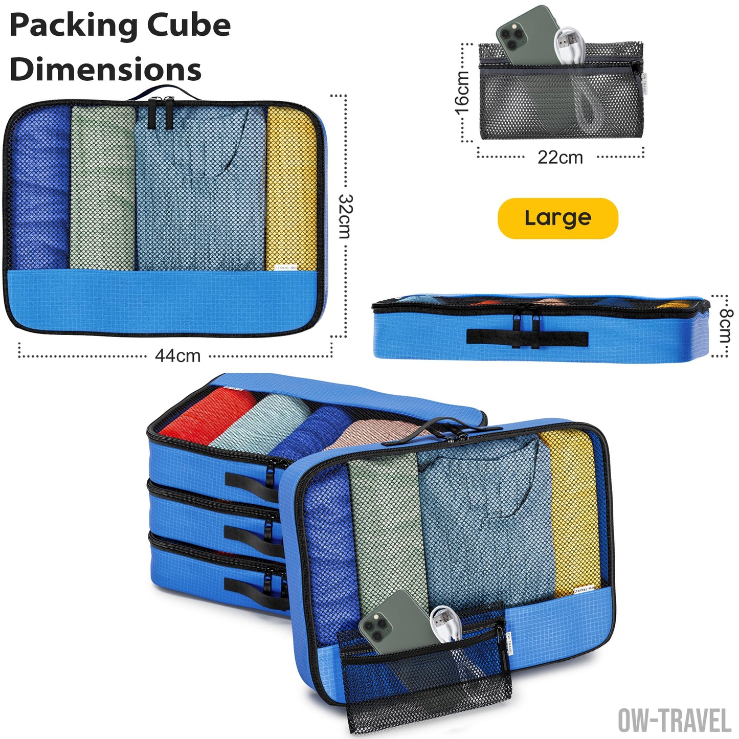 OW-Travel Packing Cubes for Suitcases (5Pcs Blue) 4 Large Suitcase Organiser Bags and Zipper Organiser for Travel Accessories. Luggage Organisers Packing Bags for Suitcases and Backpacks